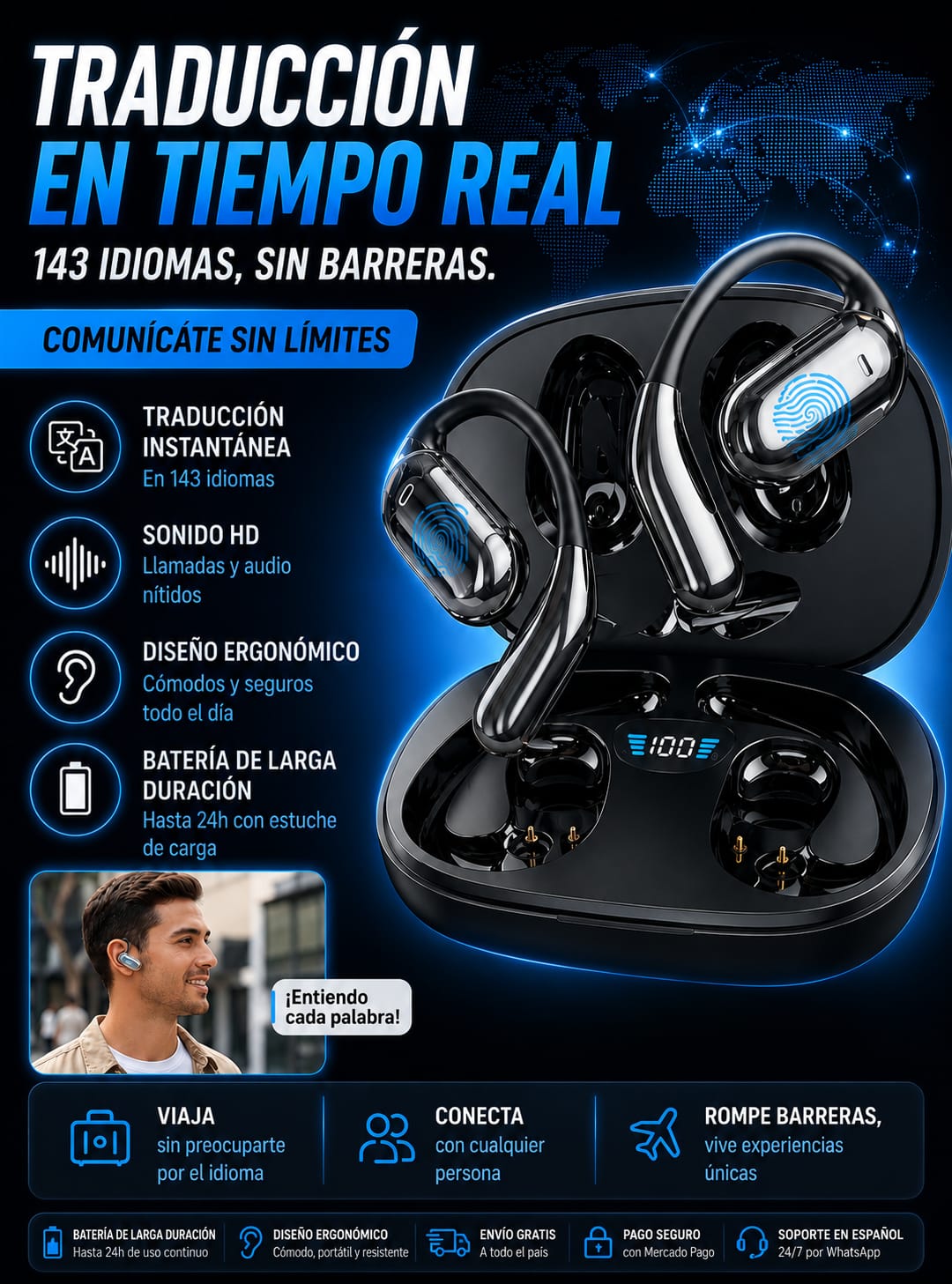 Auricular Traductor IA 3 en 1