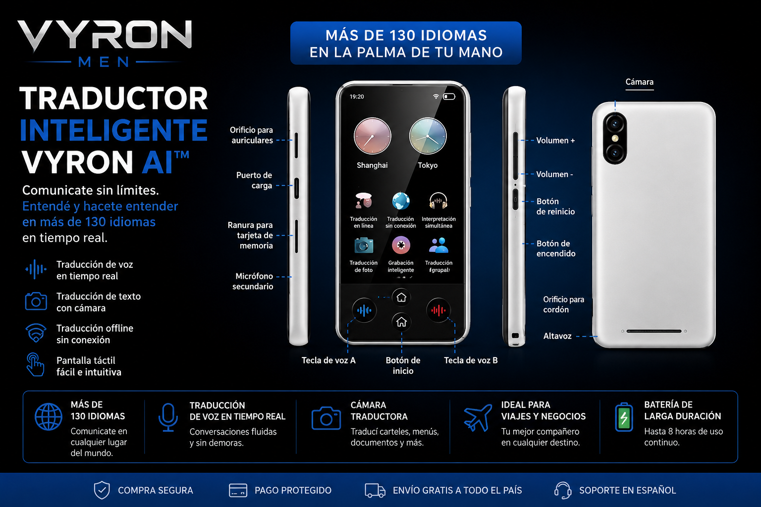Traductor de idiomas IA S85 PRO con ChatGPT 130 Idiomas en tiempo real